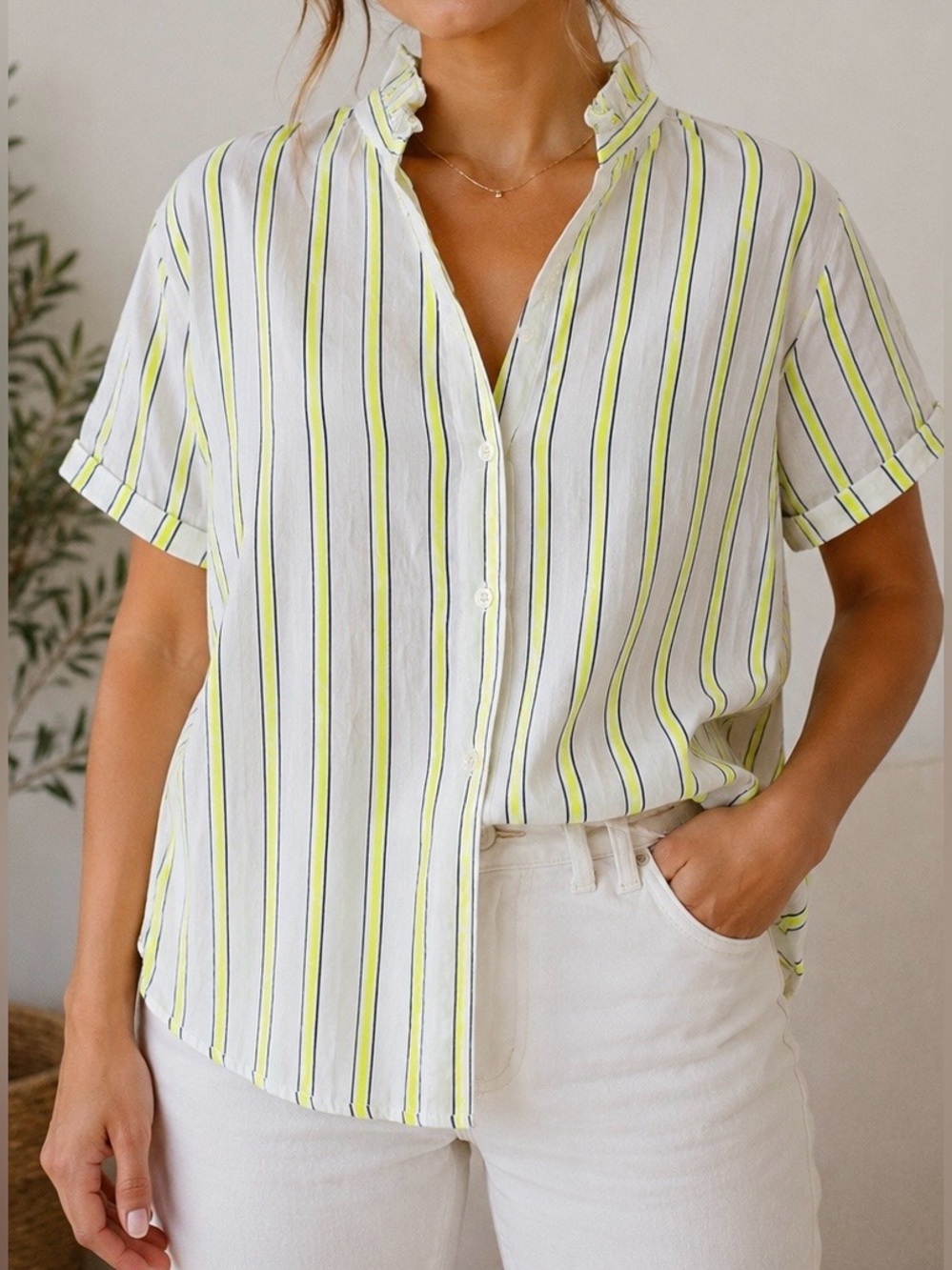 The Shirt by Rochelle Behrens White & Chartreuse Striped Button Up -Size L NWT